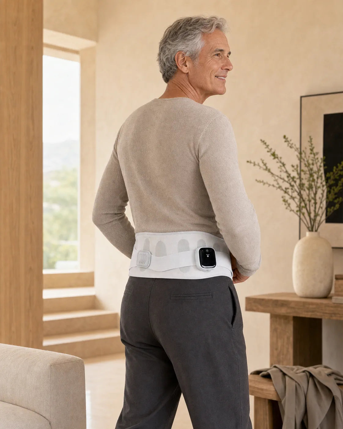 A white ESCOSY lumbar wrap worn over a beige knit sweater, seen from behind in a warm, sunlit room