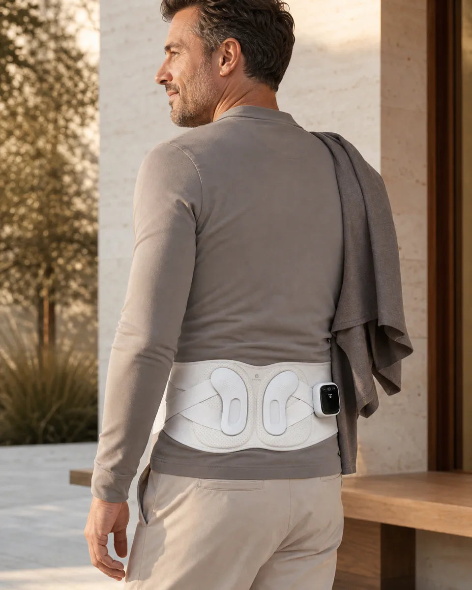 Active adult wearing ESCOSY Lumbar One after a walk