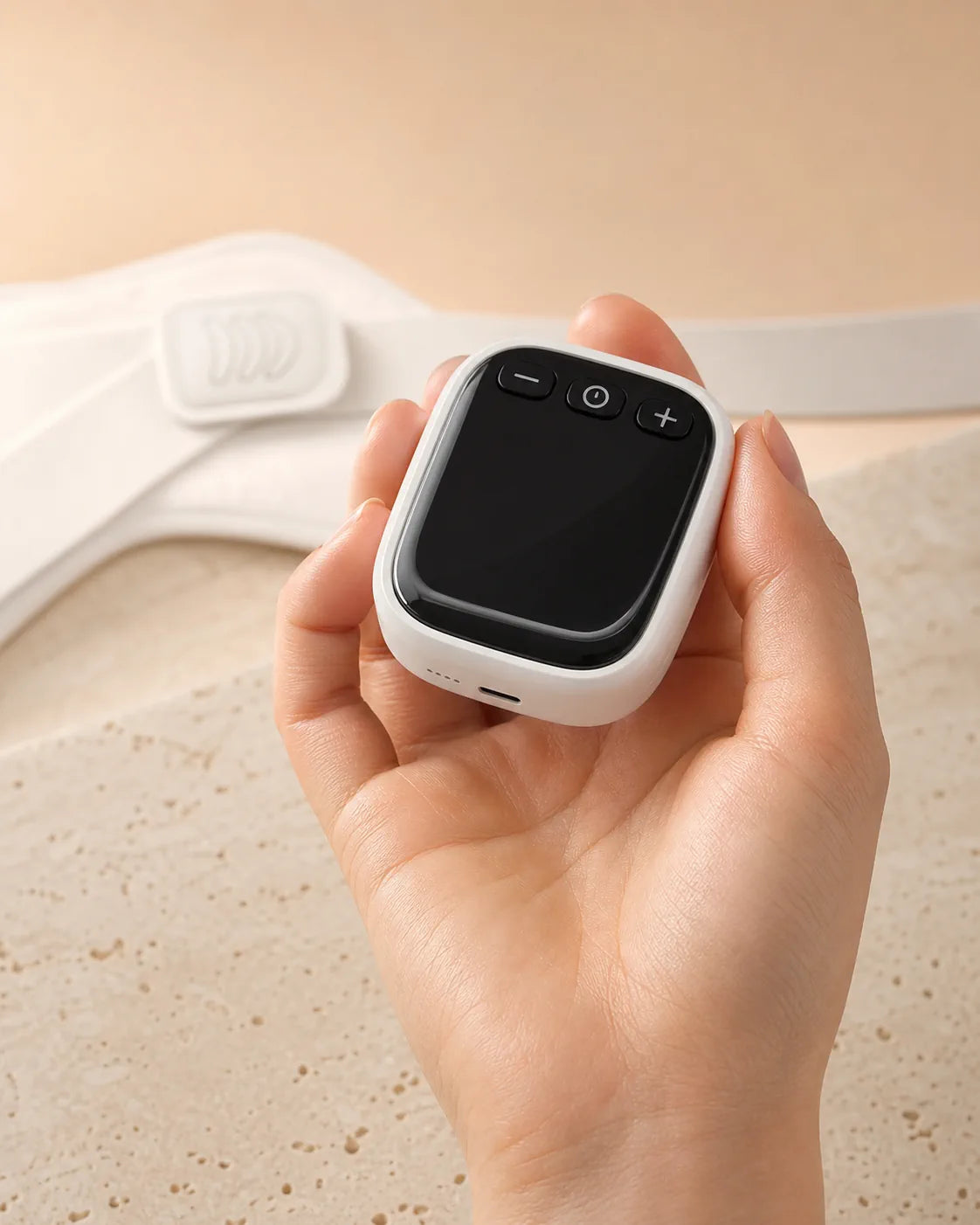 ESCOSY Lumbar One handheld controller held over a warm stone surface