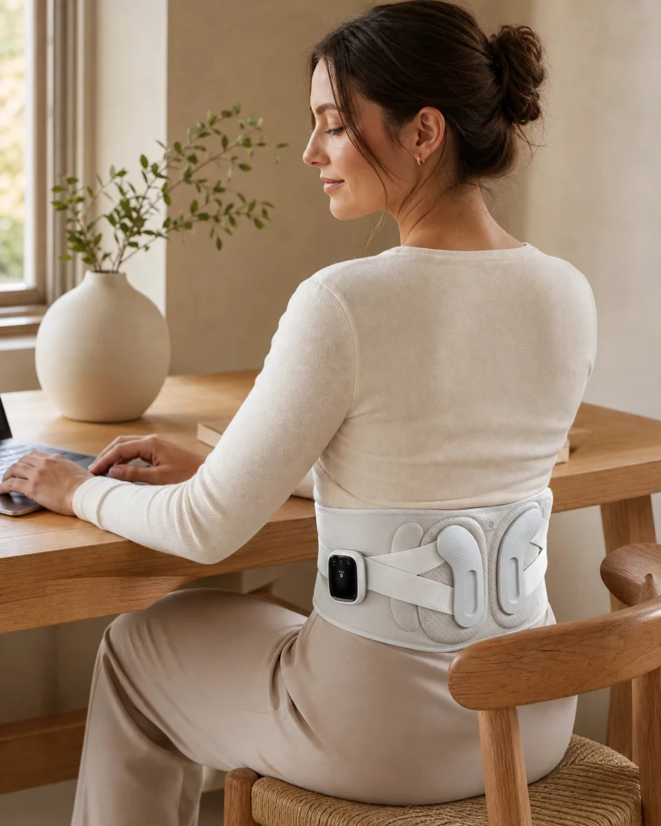 Woman wearing ESCOSY Lumbar One while seated at a home-office desk
