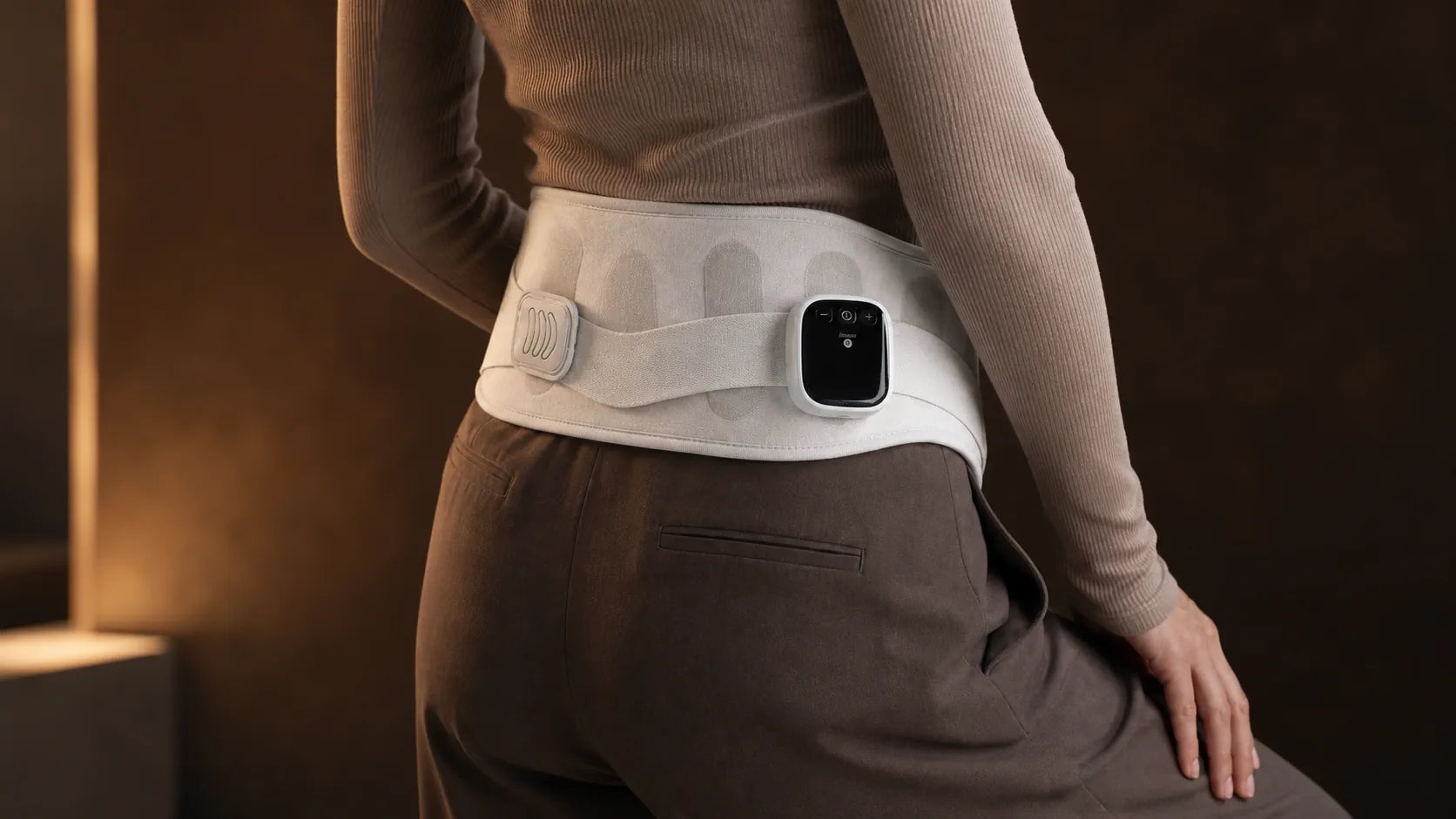 Close view of ESCOSY Lumbar One worn around the lower back