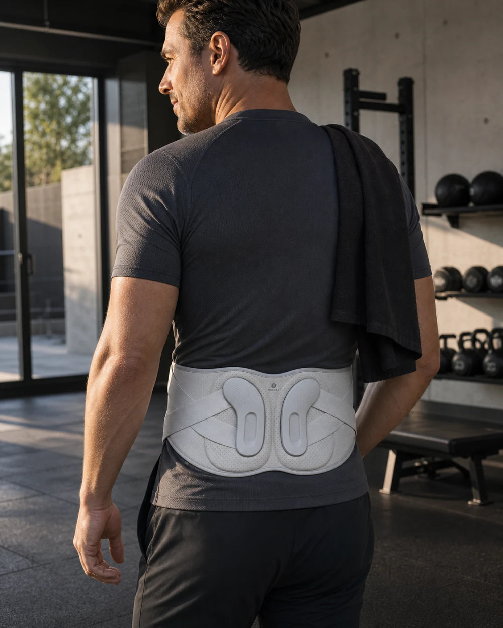 Athletic adult wearing ESCOSY Lumbar One after movement, with its structured back supports visible