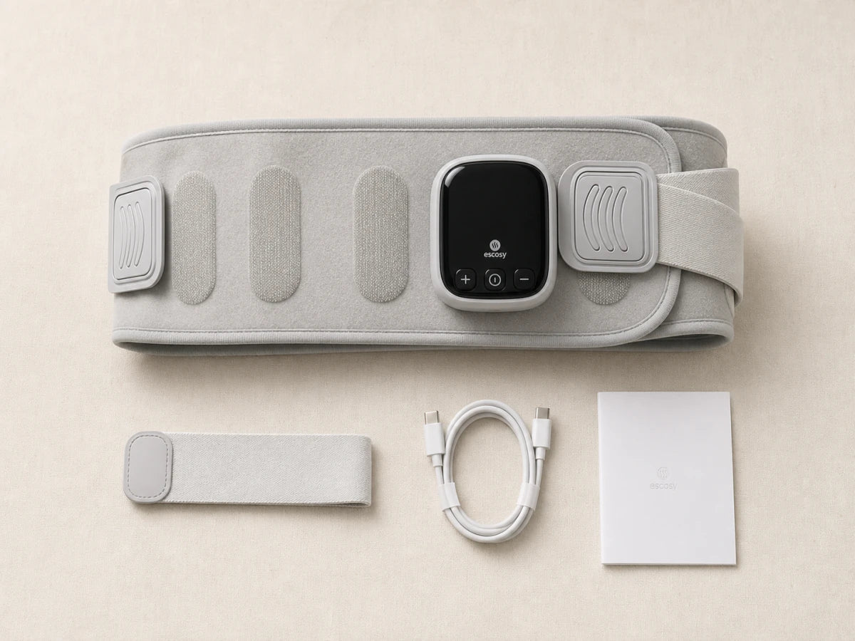 ESCOSY Lumbar One with its fixed LCD control panel, extender, USB-C cable, and manual