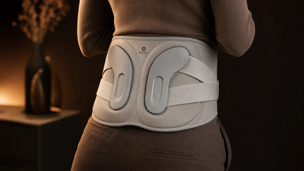 Rear close view of ESCOSY Lumbar One showing its perforated lumbar panel and structured back supports