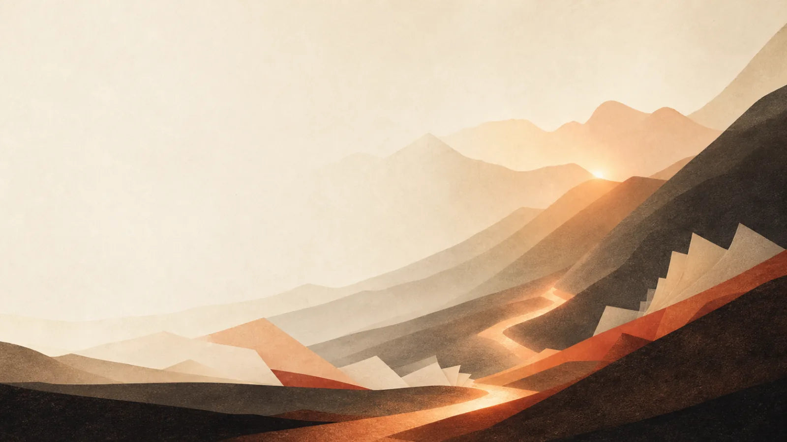 Abstract layered mountains with a warm path of light